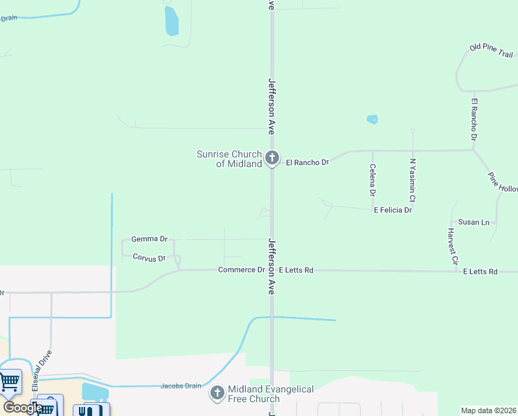 map of restaurants, bars, coffee shops, grocery stores, and more near 2095 North Jefferson Road in Midland