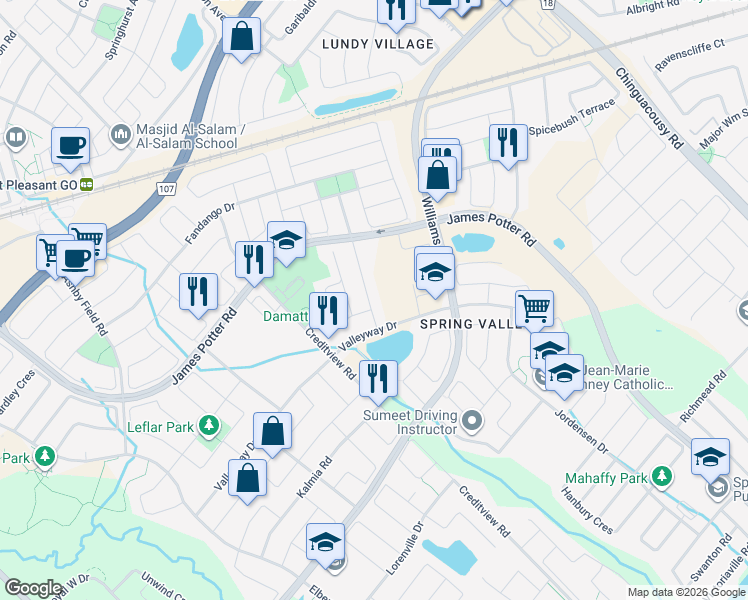 map of restaurants, bars, coffee shops, grocery stores, and more near 13 Bonavista Drive in Brampton