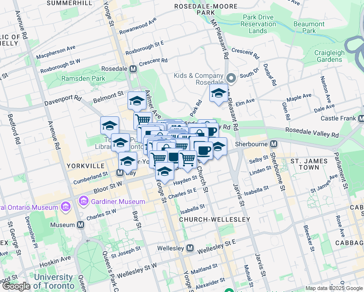 map of restaurants, bars, coffee shops, grocery stores, and more near 19 Park Road in Toronto