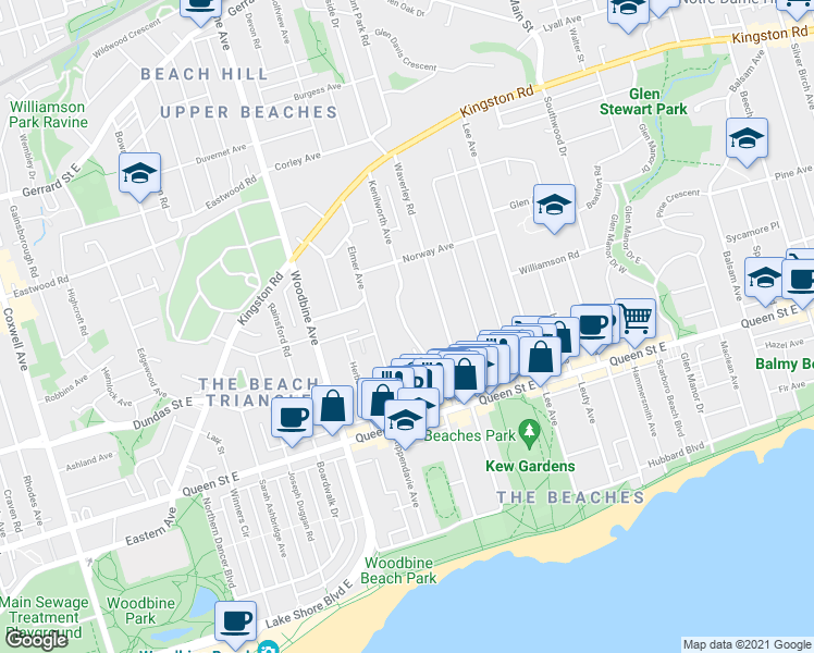 map of restaurants, bars, coffee shops, grocery stores, and more near 155 Kenilworth Avenue in Toronto