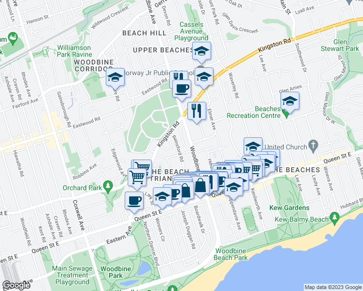 map of restaurants, bars, coffee shops, grocery stores, and more near in Toronto