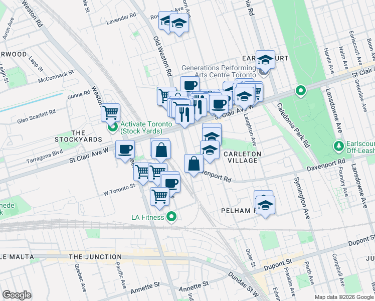 map of restaurants, bars, coffee shops, grocery stores, and more near 285 Old Weston Road in Toronto