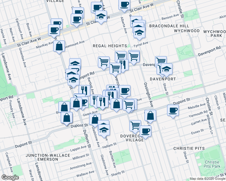 map of restaurants, bars, coffee shops, grocery stores, and more near 375 Westmoreland Avenue North in Toronto