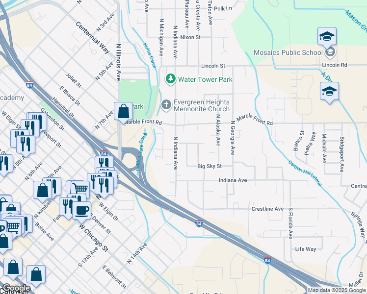 map of restaurants, bars, coffee shops, grocery stores, and more near 2120 Pleasanton Street in Caldwell
