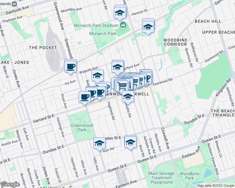 map of restaurants, bars, coffee shops, grocery stores, and more near in Toronto