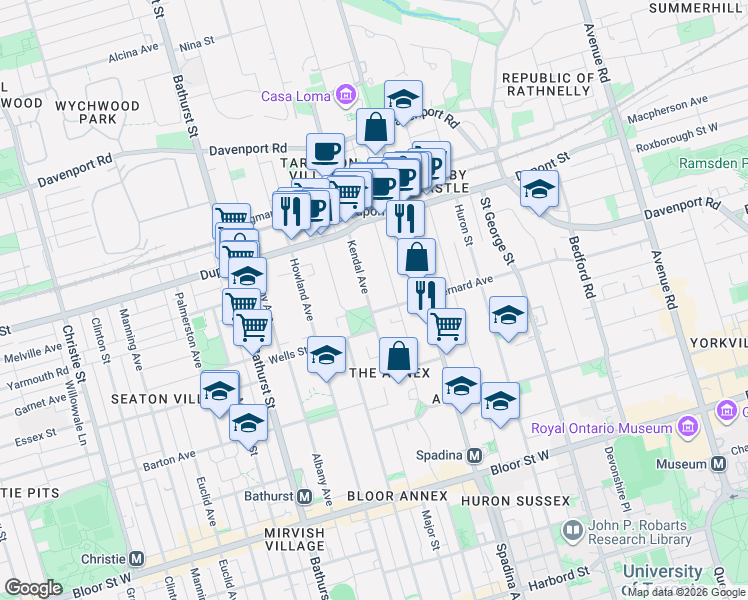 map of restaurants, bars, coffee shops, grocery stores, and more near 57 Kendal Avenue in Toronto