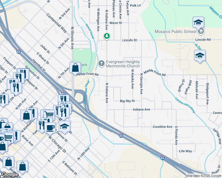 map of restaurants, bars, coffee shops, grocery stores, and more near 304 North Indiana Avenue in Caldwell