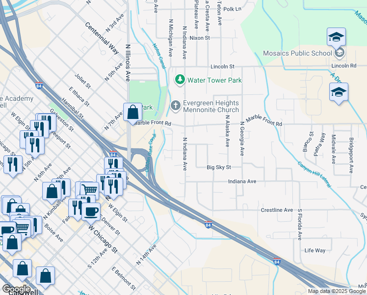 map of restaurants, bars, coffee shops, grocery stores, and more near 304 North Indiana Avenue in Caldwell
