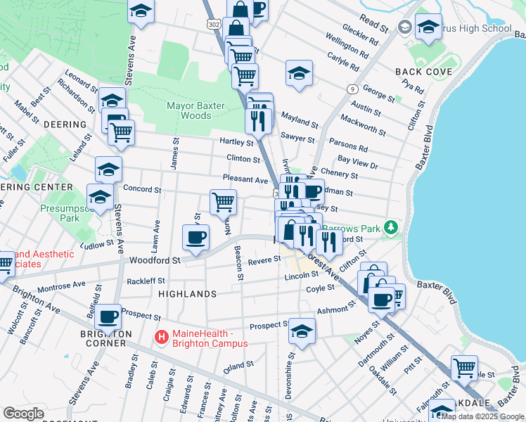 map of restaurants, bars, coffee shops, grocery stores, and more near 49 Saunders Street in Portland