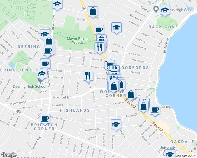map of restaurants, bars, coffee shops, grocery stores, and more near 49 Saunders Street in Portland