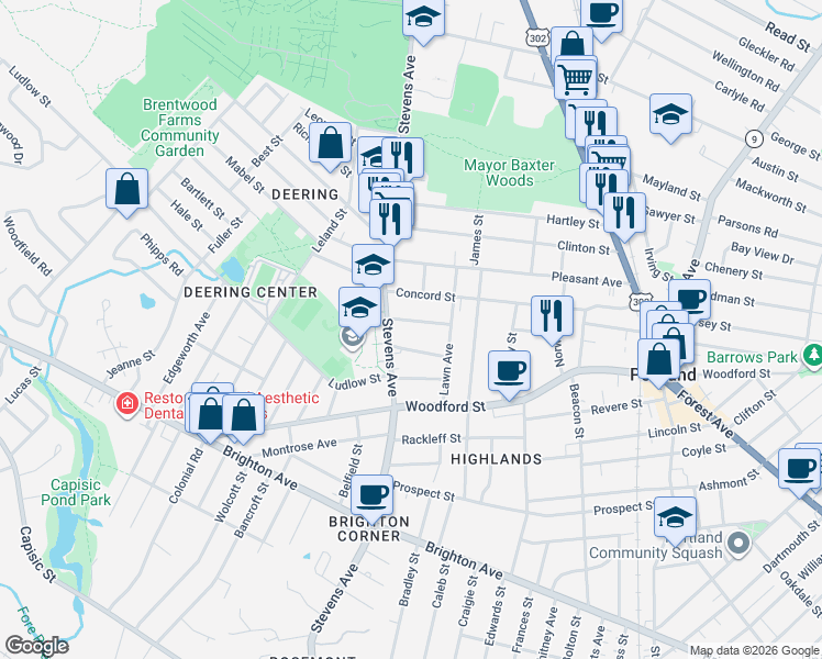 map of restaurants, bars, coffee shops, grocery stores, and more near 37 Tremont Street in Portland
