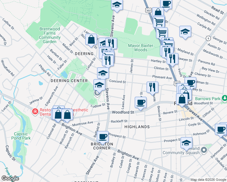 map of restaurants, bars, coffee shops, grocery stores, and more near 37 Tremont Street in Portland