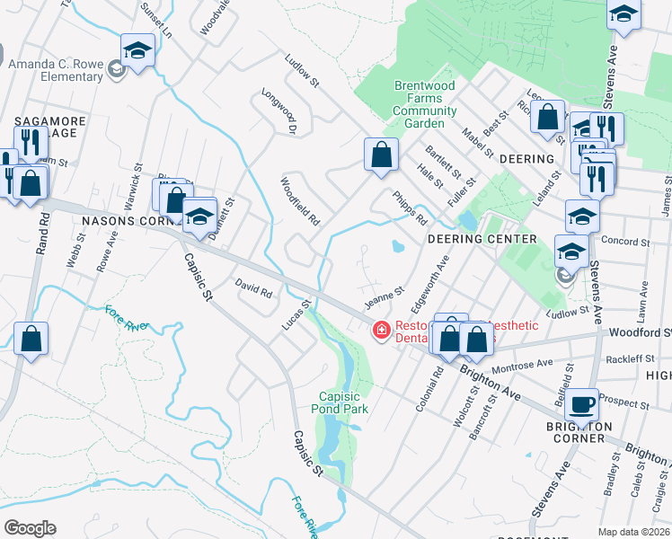 map of restaurants, bars, coffee shops, grocery stores, and more near 43 Wayside Road in Portland