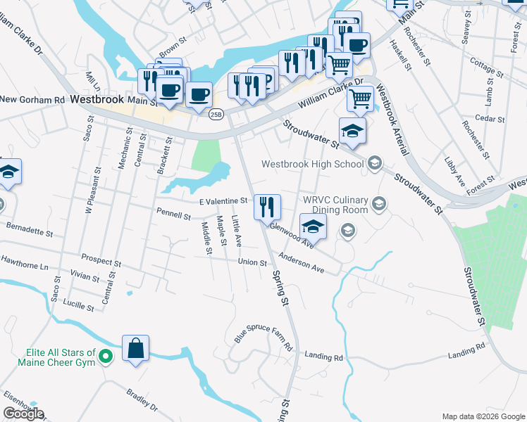 map of restaurants, bars, coffee shops, grocery stores, and more near 23 Woods Road in Westbrook