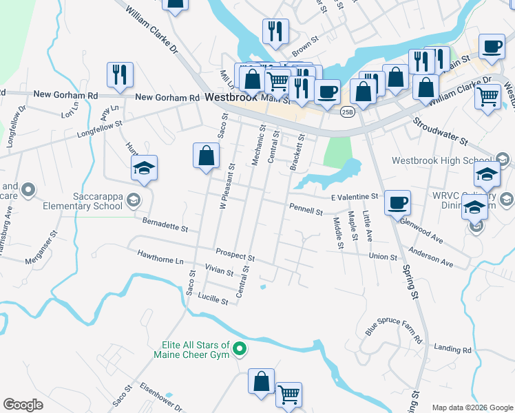 map of restaurants, bars, coffee shops, grocery stores, and more near 129 Central Street in Westbrook
