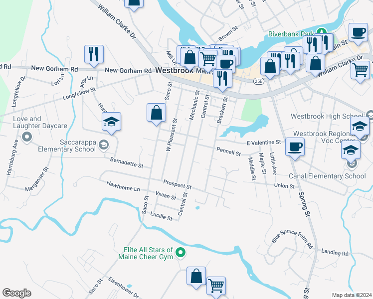 map of restaurants, bars, coffee shops, grocery stores, and more near 129 Central Street in Westbrook