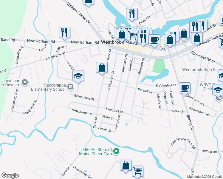 map of restaurants, bars, coffee shops, grocery stores, and more near 35 Green Street in Westbrook