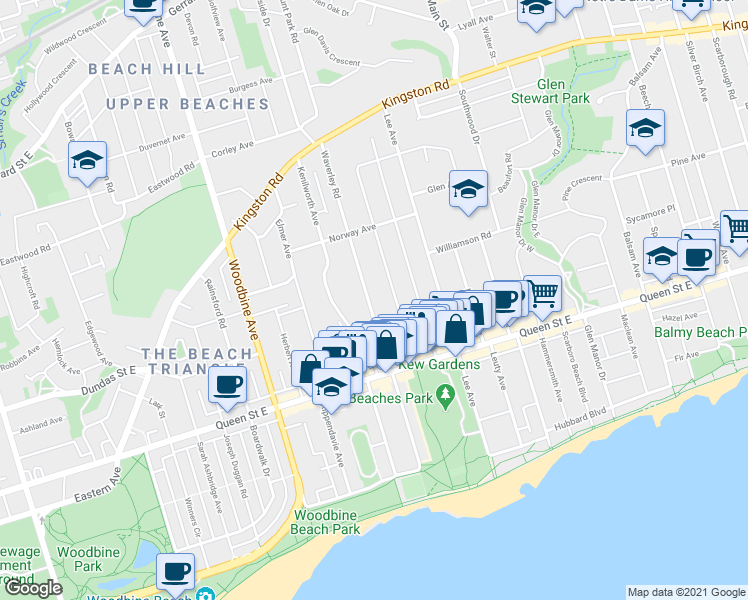 map of restaurants, bars, coffee shops, grocery stores, and more near in Toronto
