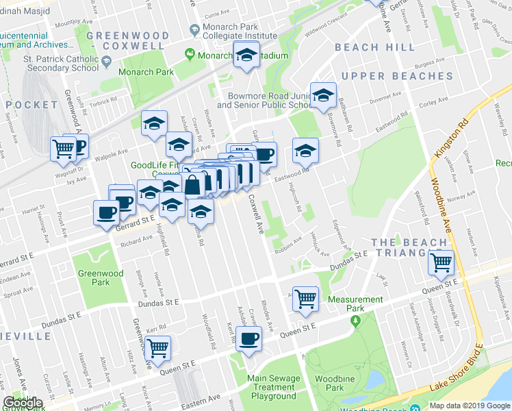 map of restaurants, bars, coffee shops, grocery stores, and more near 80 Gainsborough Road in Toronto