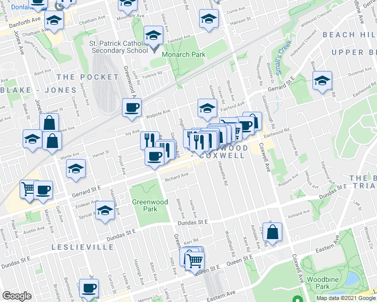 map of restaurants, bars, coffee shops, grocery stores, and more near in Toronto