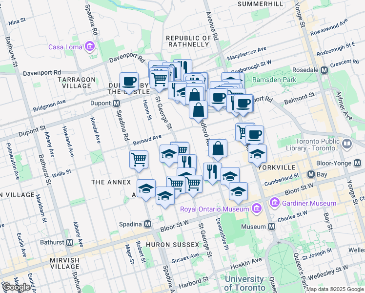 map of restaurants, bars, coffee shops, grocery stores, and more near in Toronto
