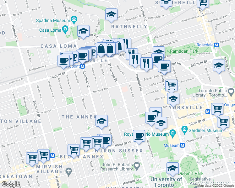 map of restaurants, bars, coffee shops, grocery stores, and more near in Toronto
