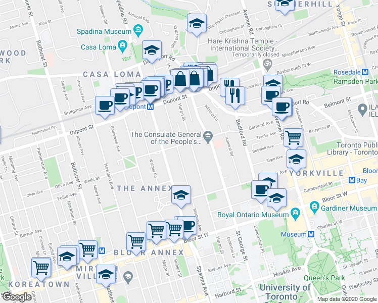 map of restaurants, bars, coffee shops, grocery stores, and more near in Toronto