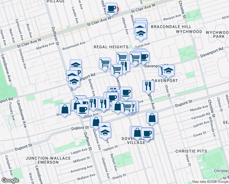 map of restaurants, bars, coffee shops, grocery stores, and more near in Toronto