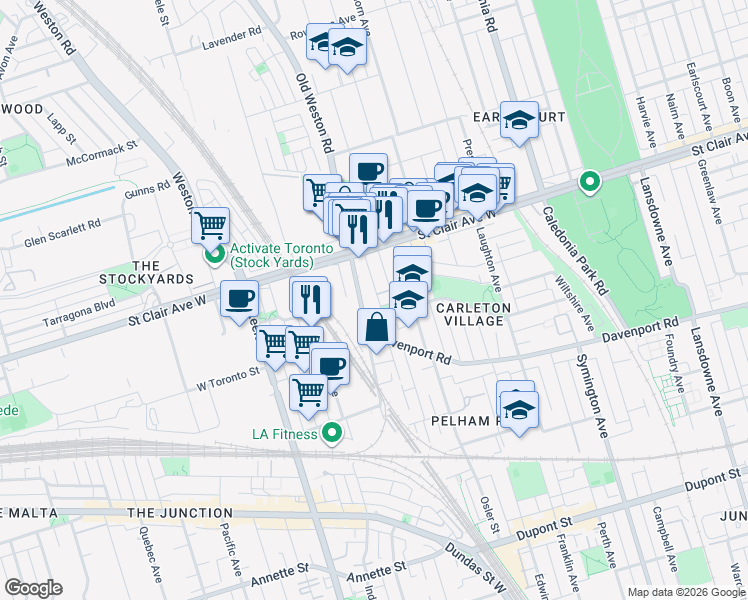 map of restaurants, bars, coffee shops, grocery stores, and more near in Toronto