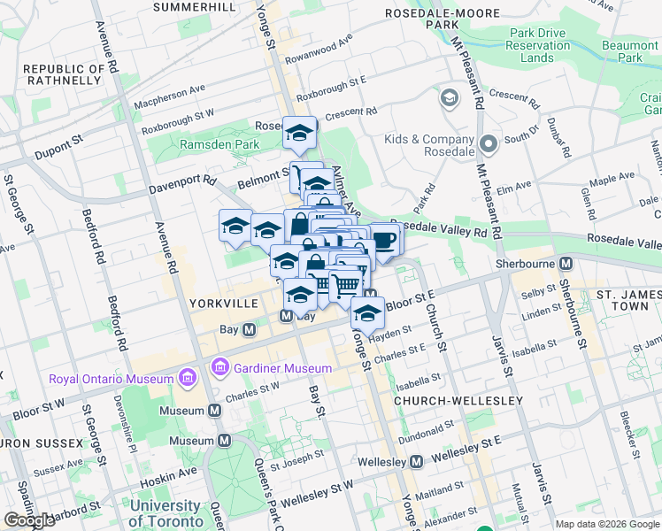 map of restaurants, bars, coffee shops, grocery stores, and more near 18 Yorkville Avenue in Toronto