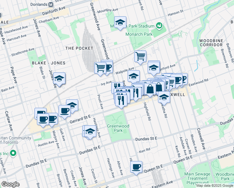 map of restaurants, bars, coffee shops, grocery stores, and more near 238 Greenwood Avenue in Toronto