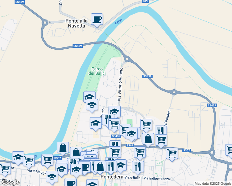map of restaurants, bars, coffee shops, grocery stores, and more near 37 Via Venezia in Pontedera