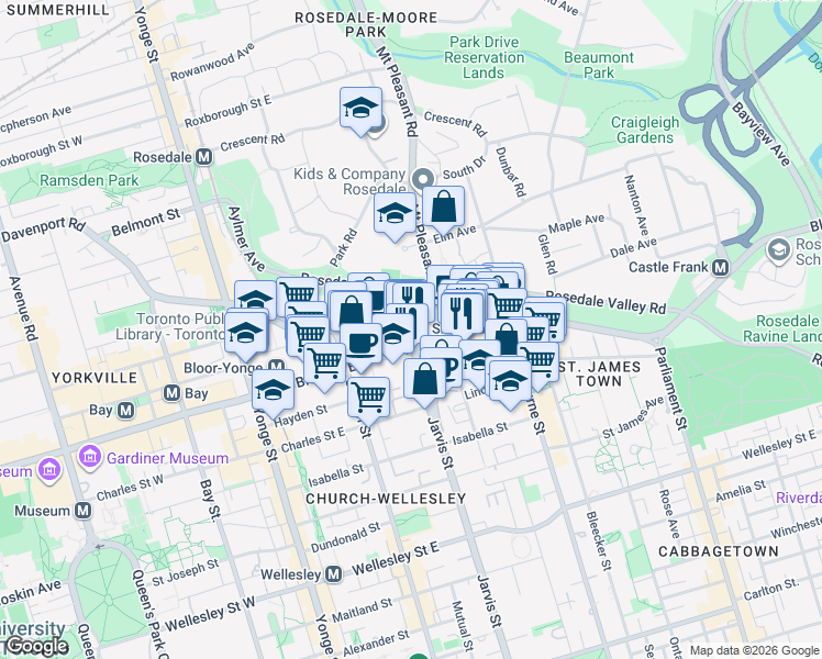 map of restaurants, bars, coffee shops, grocery stores, and more near 278 Bloor Street East in Toronto