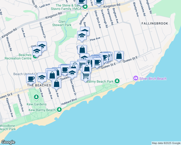 map of restaurants, bars, coffee shops, grocery stores, and more near 2357 Queen Street East in Toronto