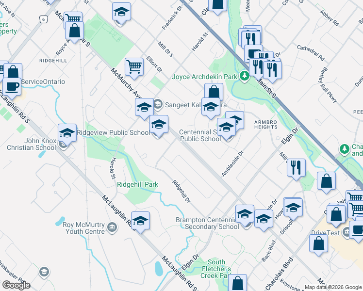 map of restaurants, bars, coffee shops, grocery stores, and more near 163 McMurchy Avenue South in Brampton