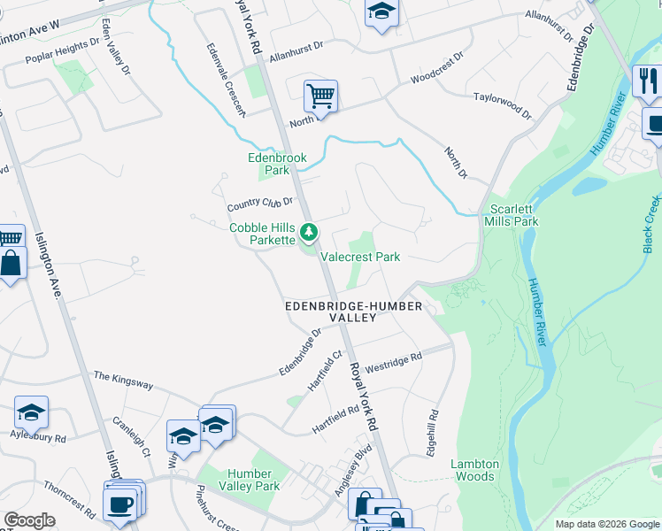map of restaurants, bars, coffee shops, grocery stores, and more near 1269 Royal York Road in Toronto