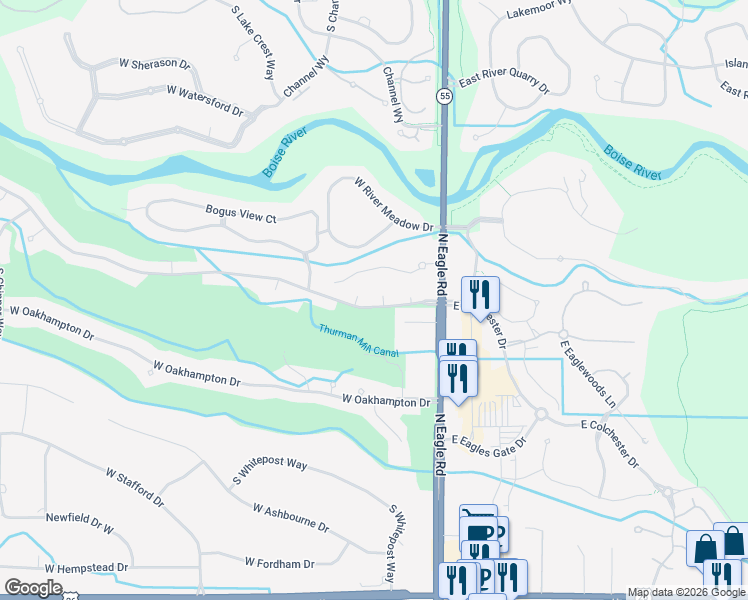 map of restaurants, bars, coffee shops, grocery stores, and more near 264 West Colchester Drive in Eagle