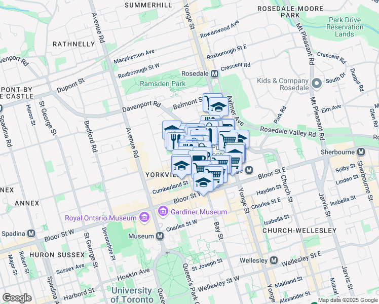 map of restaurants, bars, coffee shops, grocery stores, and more near 68 Scollard Street in Toronto