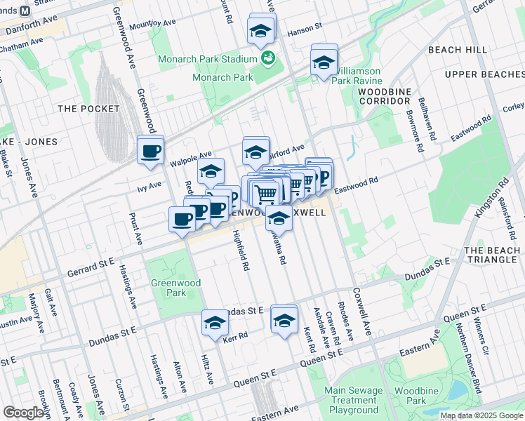 map of restaurants, bars, coffee shops, grocery stores, and more near 1423 Gerrard Street East in Toronto