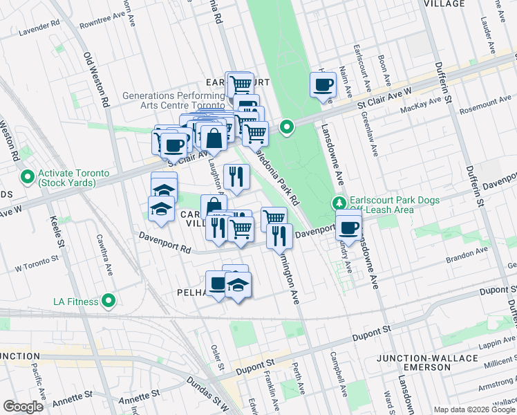 map of restaurants, bars, coffee shops, grocery stores, and more near in Toronto