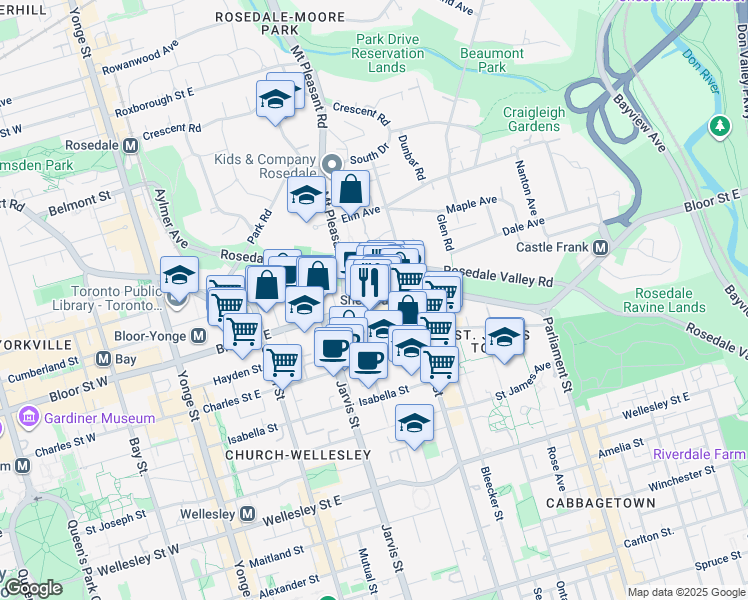 map of restaurants, bars, coffee shops, grocery stores, and more near 360 Bloor Street East in Toronto