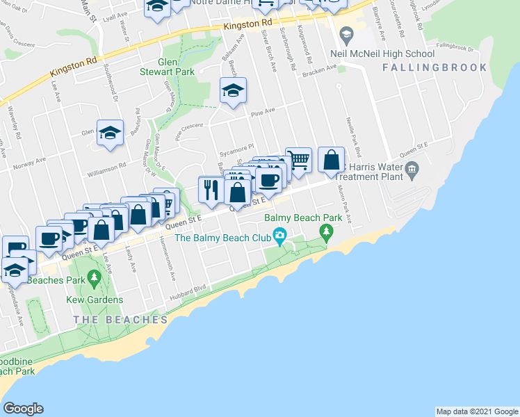 map of restaurants, bars, coffee shops, grocery stores, and more near 2367 Queen Street East in Toronto
