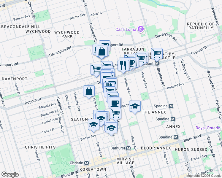 map of restaurants, bars, coffee shops, grocery stores, and more near 1065 Bathurst Street in Toronto