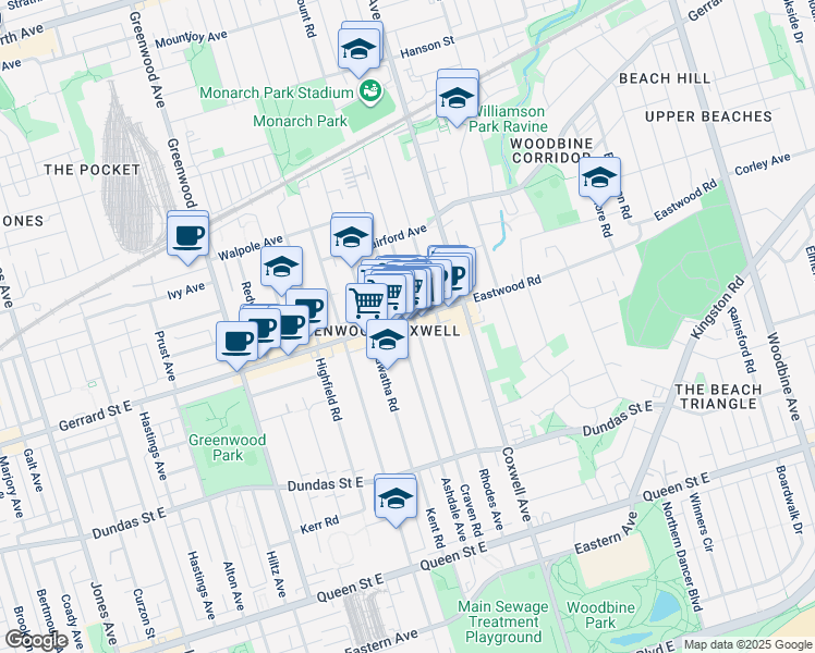 map of restaurants, bars, coffee shops, grocery stores, and more near in Toronto