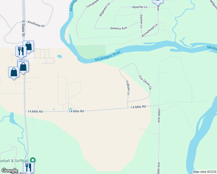 map of restaurants, bars, coffee shops, grocery stores, and more near 19400 14 Mile Road in Big Rapids