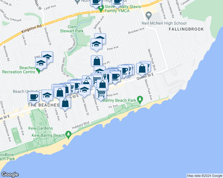 map of restaurants, bars, coffee shops, grocery stores, and more near in Toronto