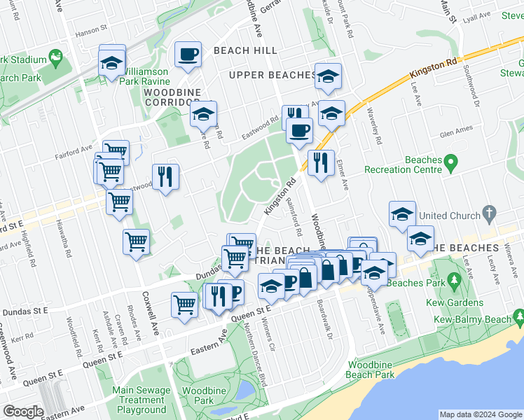 map of restaurants, bars, coffee shops, grocery stores, and more near 196 Kingston Road in Toronto