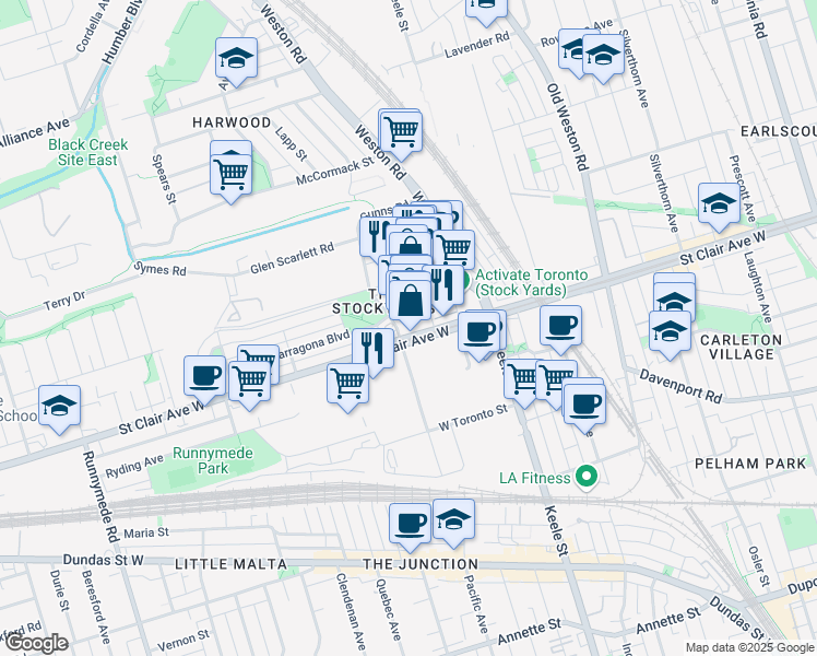 map of restaurants, bars, coffee shops, grocery stores, and more near in Toronto