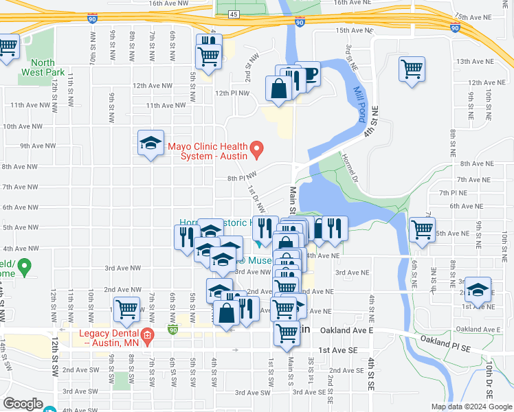 map of restaurants, bars, coffee shops, grocery stores, and more near 711 2nd Street Northwest in Austin