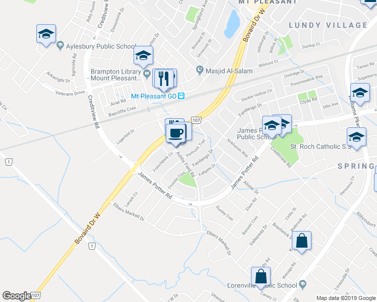 map of restaurants, bars, coffee shops, grocery stores, and more near 14 Portrush Trail in Brampton